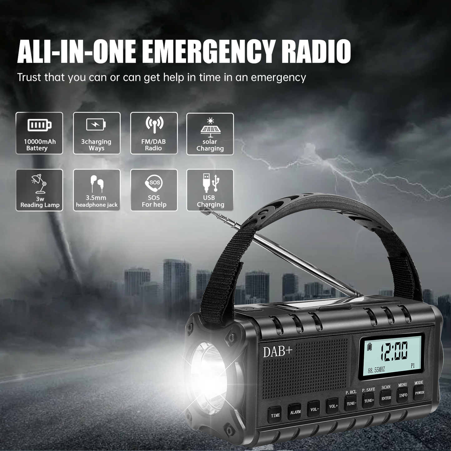 Noodradio met DAB 10.000 MAH  Zaklamp Powerbank Oplaadbaar Handslinger Zwart