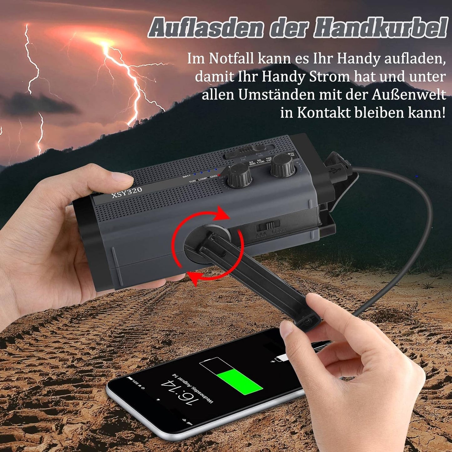 Noodradio 5000mAh Zonne Energie Zaklamp Powerbank Oplaadbaar Handslinger Zwart / Grijs