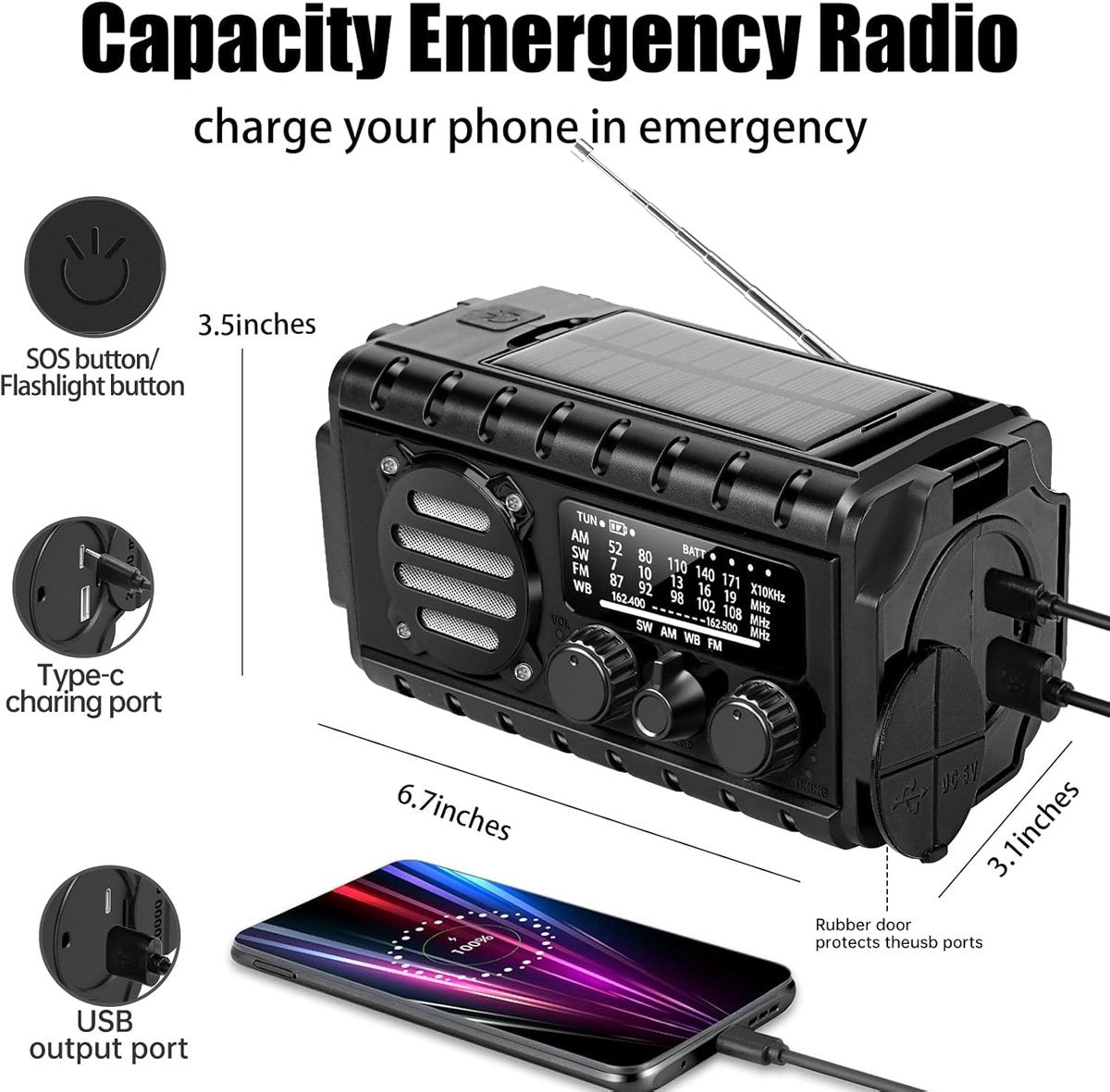 Noodradio - 20000mAh PowerBank - Zonnepaneel - Leeslamp - Zwart